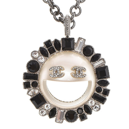 Chanel Crystal CC Smiley Emoji Pendant Necklace Silver Black 3 of 6