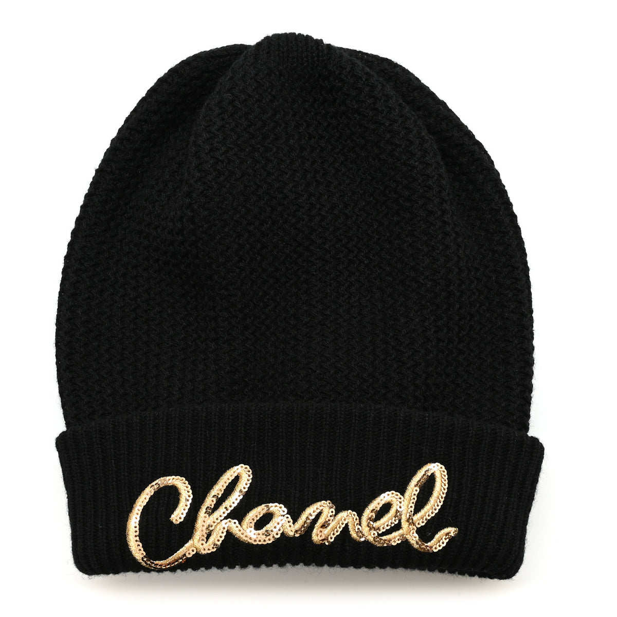 Chanel Cashmere Sequin Logo Beanie Hat Black Gold 1 of 6