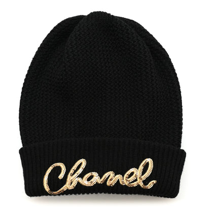 Chanel Cashmere Sequin Logo Beanie Hat Black Gold 1 of 6