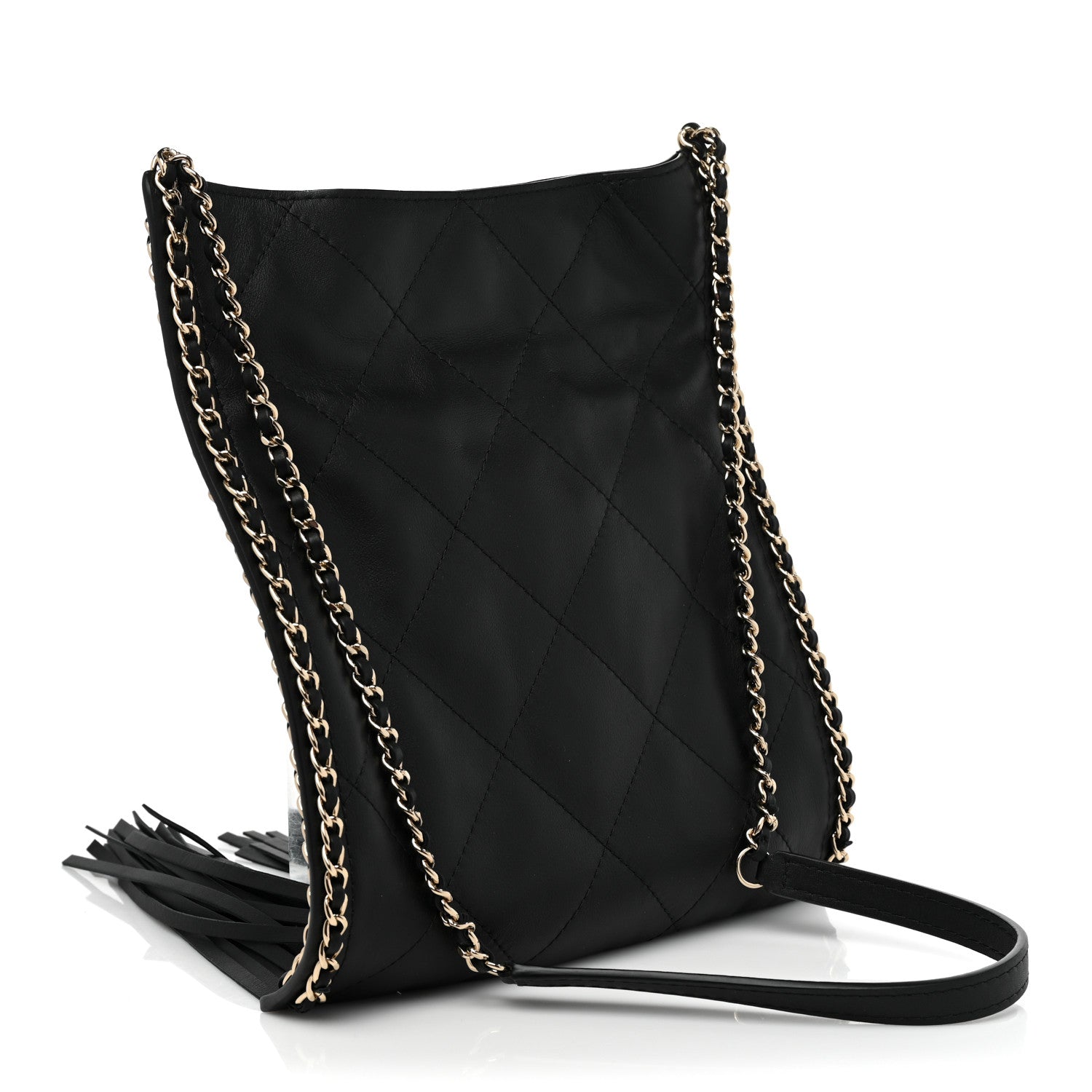 Chanel Calfskin Quilted Fringe Small Flat Tote Black 3 of 8
