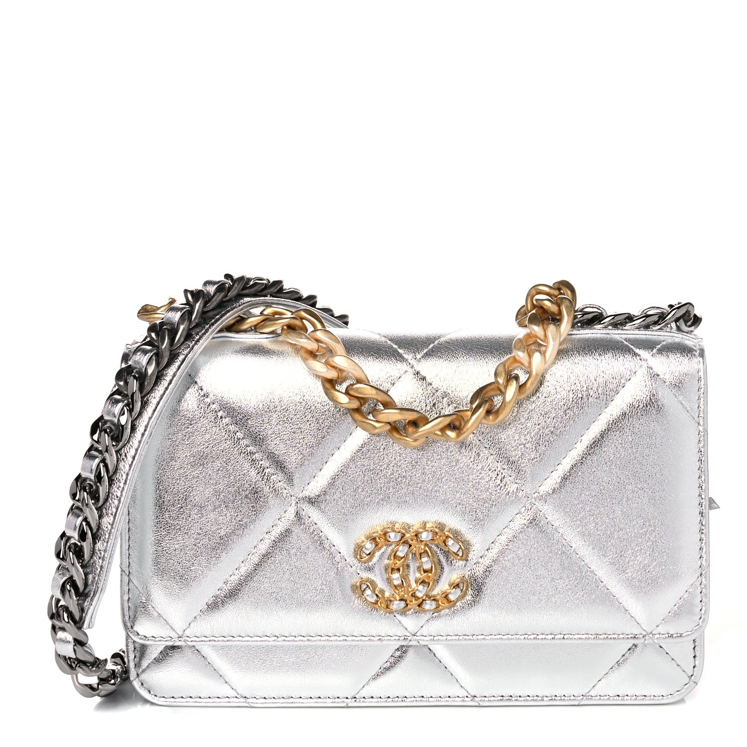 Chanel Metallic Lambskin Quilted Chanel 19 Wallet On Chain WOC Silver 1 of 14