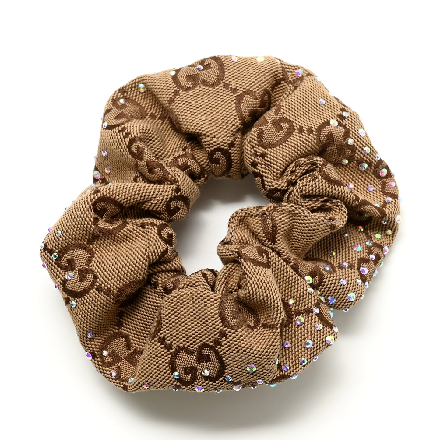 GG Canvas Crystal Monogram Scrunchie Hair Tie Brown