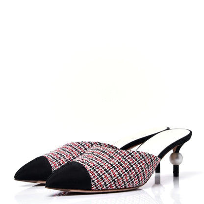 Chanel Tweed Grosgrain Pearl Cap Toe Mules 37 Black Red 4 of 9