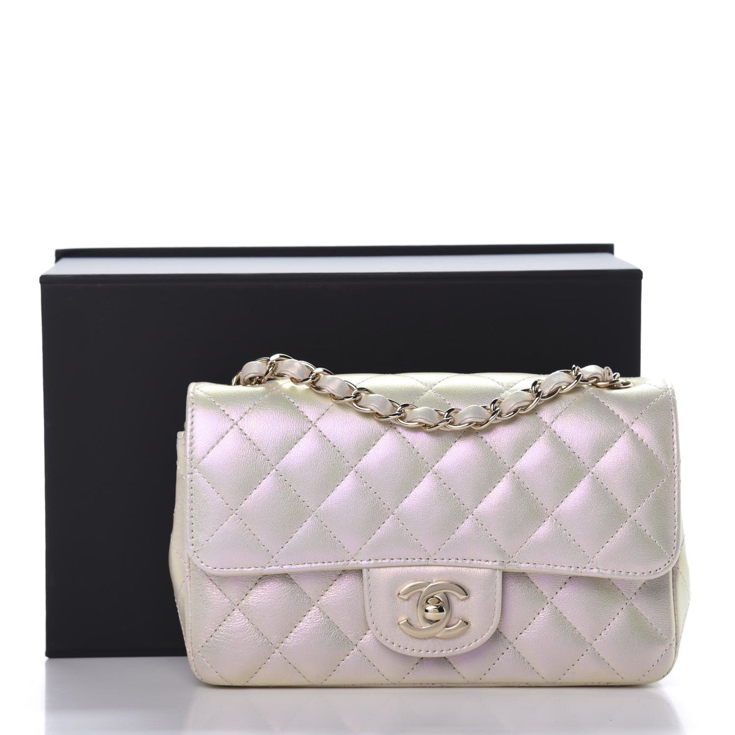 Iridescent Lambskin Quilted Mini Rectangular Flap Ivory