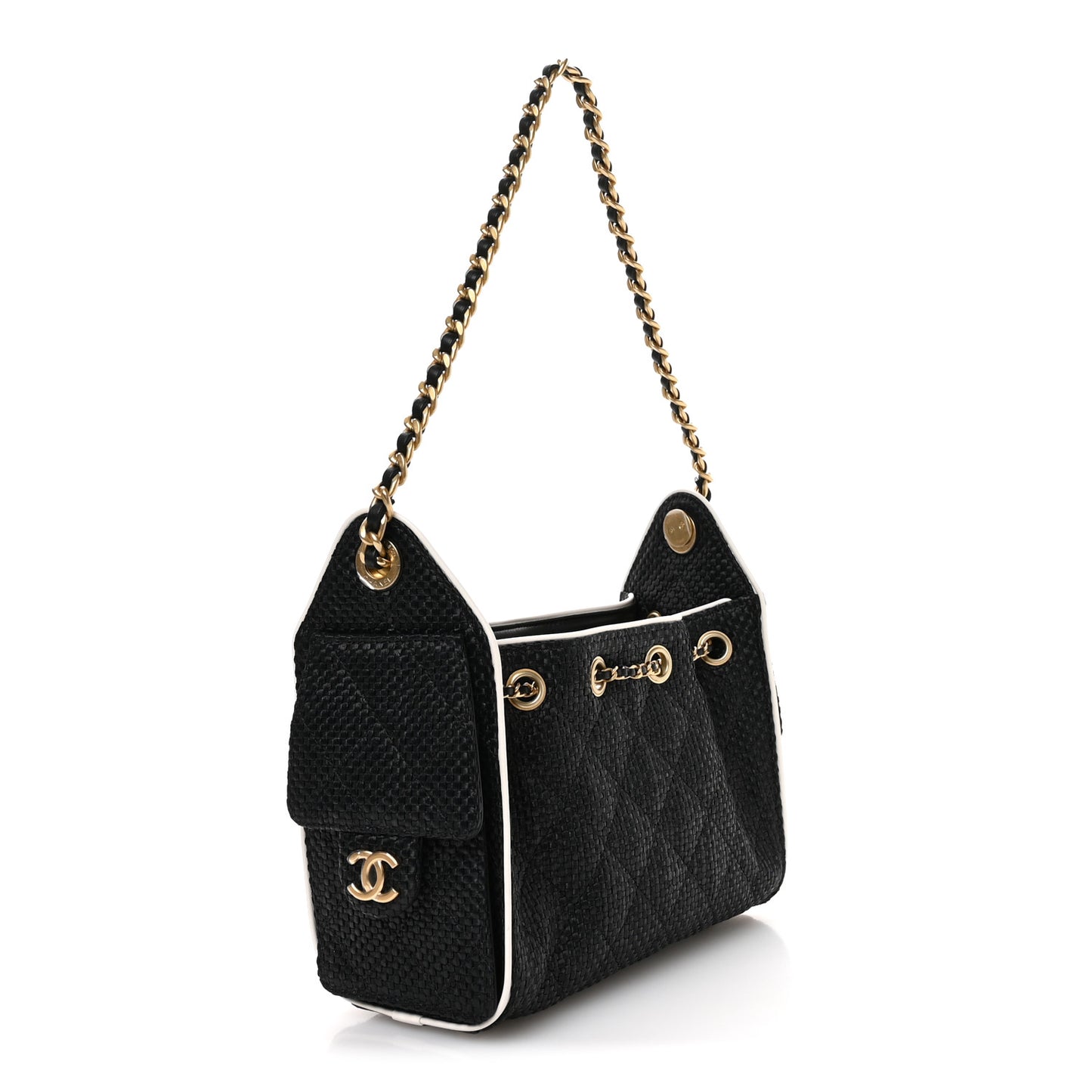 Braided Raffia Calfskin Quilted Mini Chanel 25 Handbag Black White