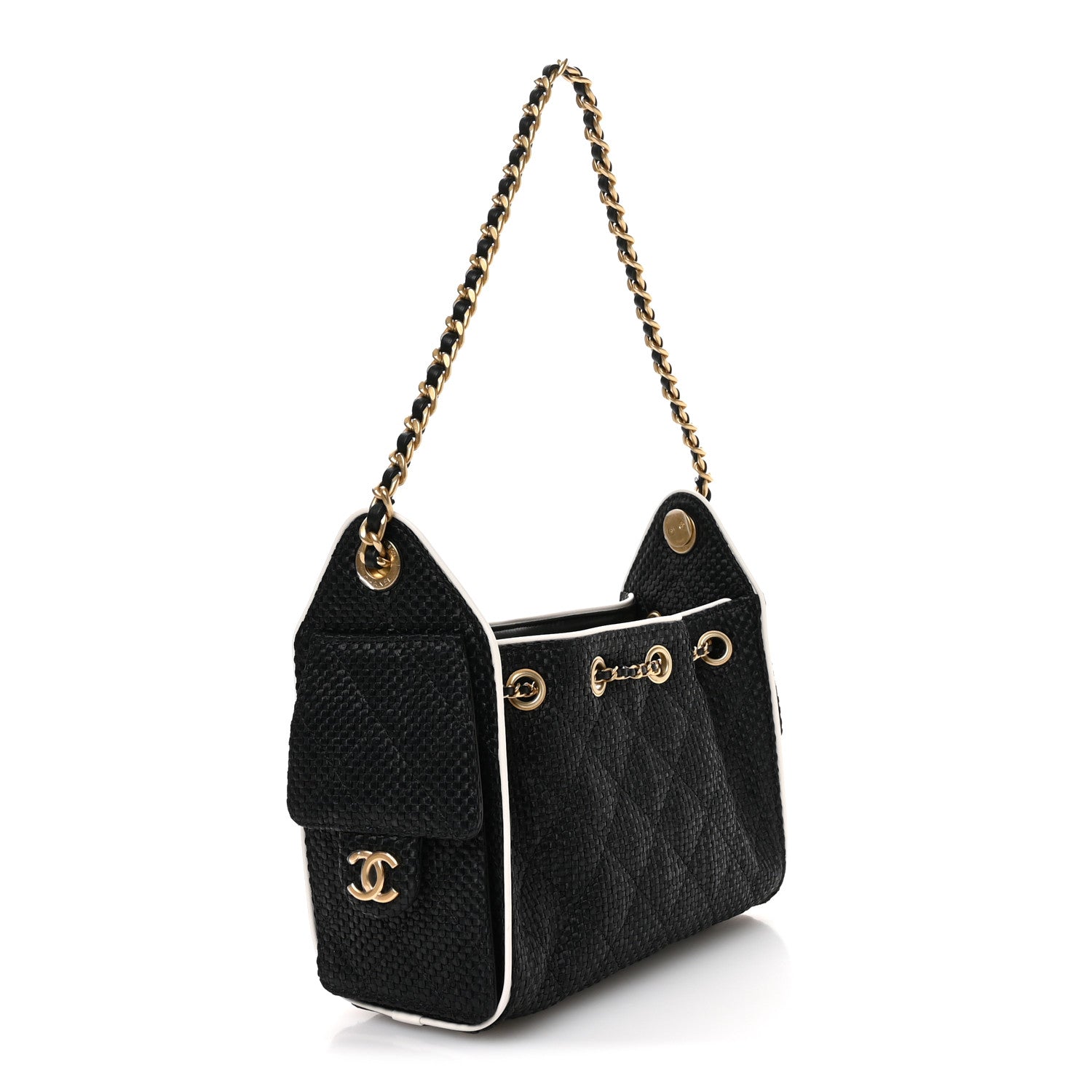 Chanel Braided Raffia Calfskin Quilted Mini Chanel 25 Handbag Black White 3 of 11