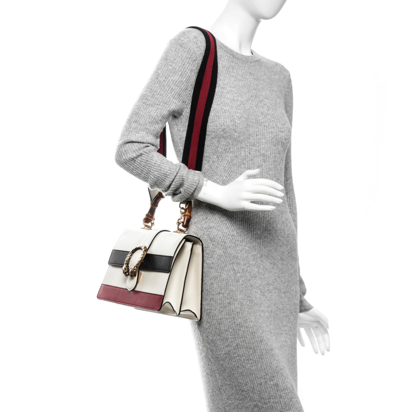 Calfskin Bamboo Web Medium Dionysus Top Handle Bag White Blue Hibiscus Red