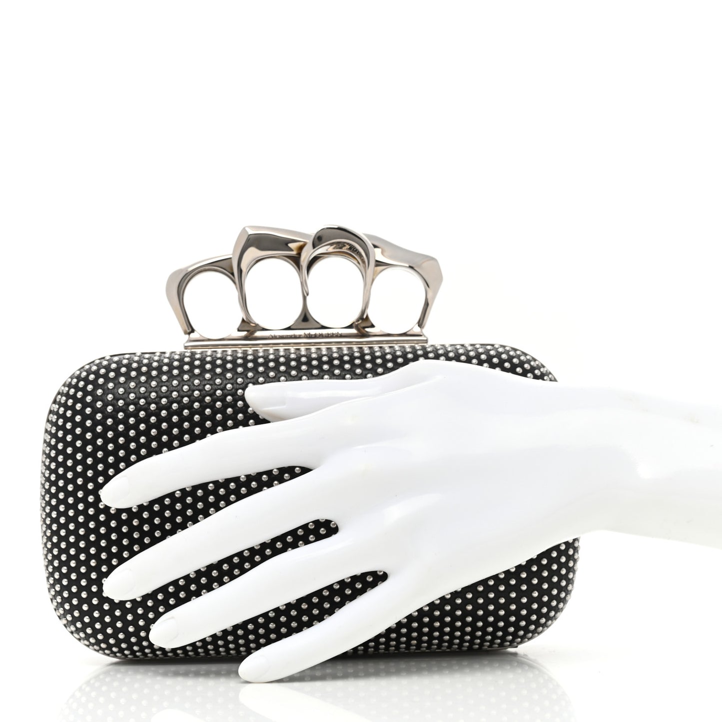 Calfskin Studded Skull Four Ring Knuckle Clutch Black