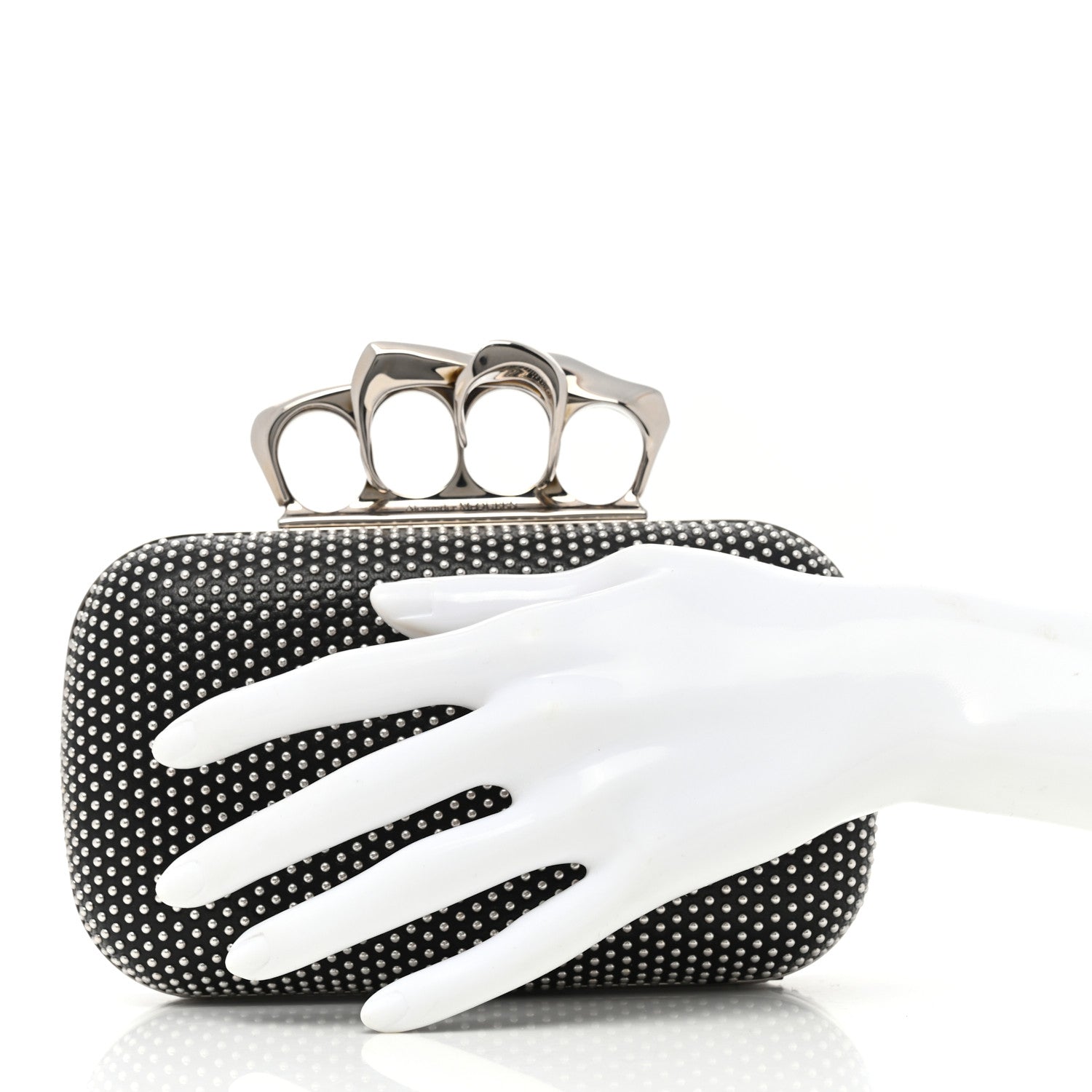 Alexander McQueen Calfskin Studded Skull Four Ring Knuckle Clutch Black 2 of 7