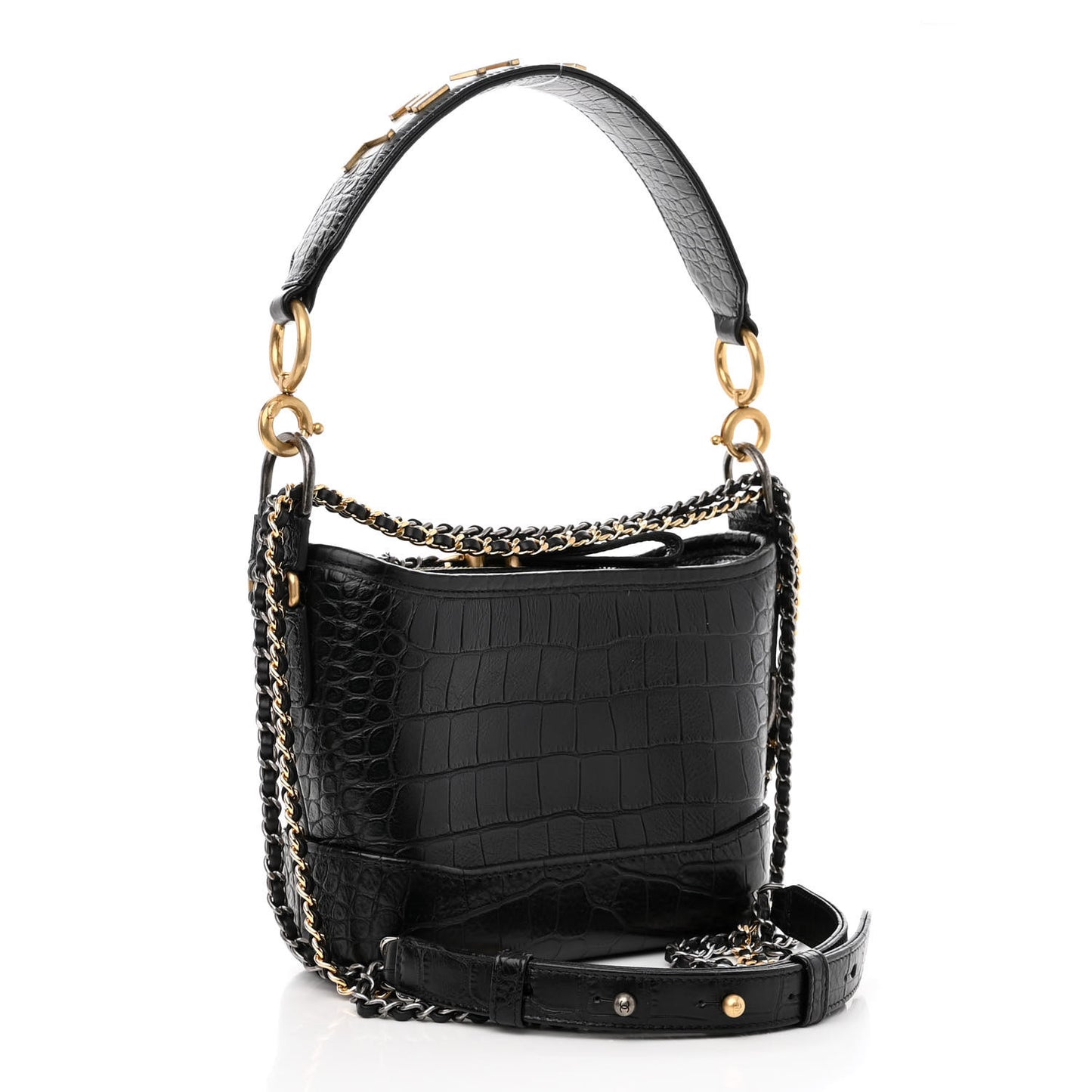 Calfskin Crocodile Embossed Small Gabrielle Cocodile Hobo Black