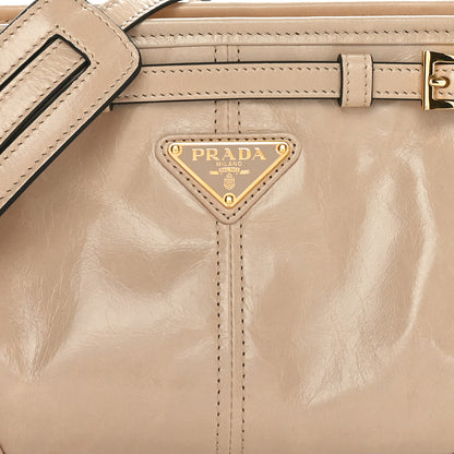 Prada Glossy Calfskin Triangle Small Bonnie Shoulder Bag Travertine 7 of 9