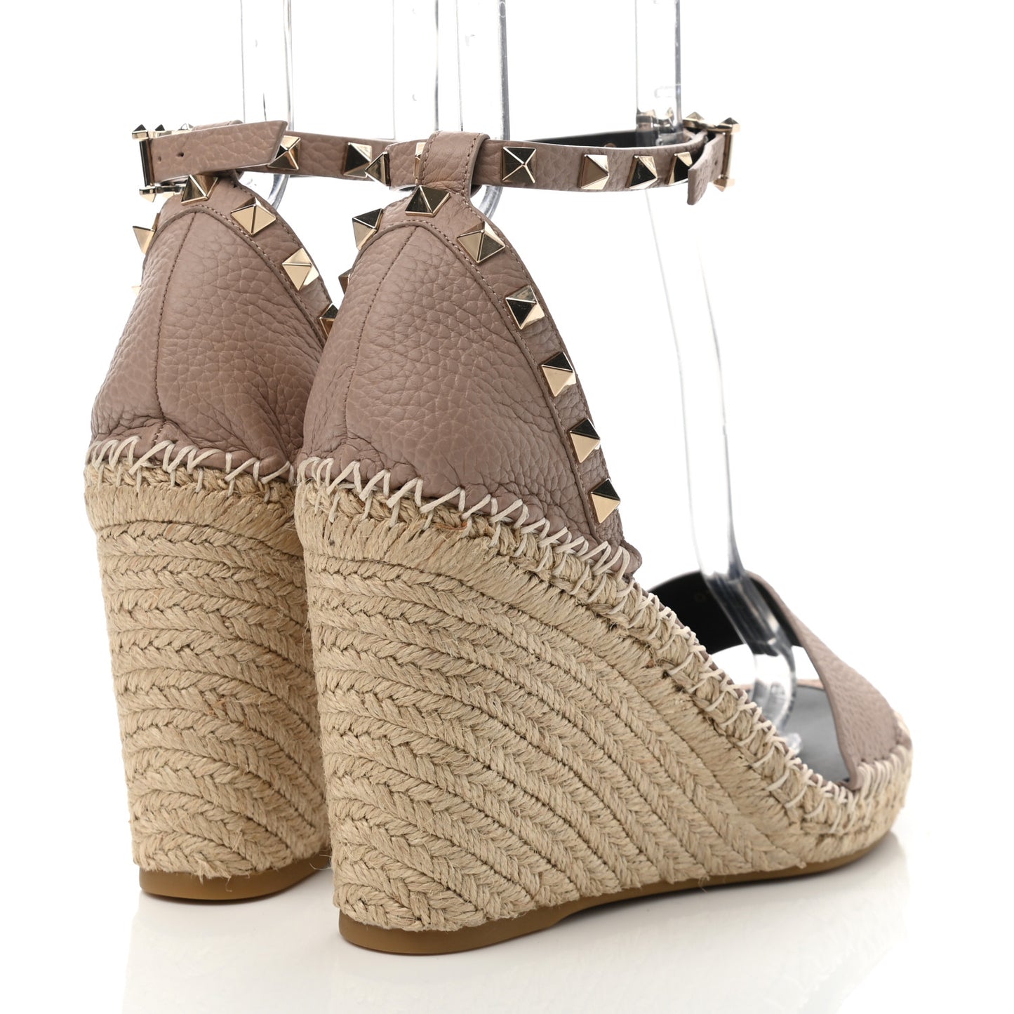 Grained Calfskin Rockstud Ankle Strap Espadrille 15/105mm Wedge Sandals 39 Poudre Natural