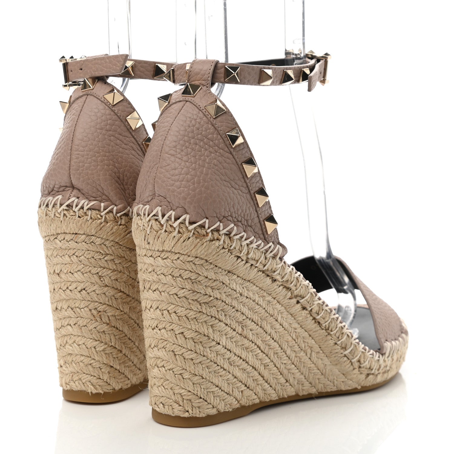 Valentino Garavani Grained Calfskin Rockstud Ankle Strap Espadrille 15/105mm Wedge Sandals 39 Poudre Natural 4 of 8