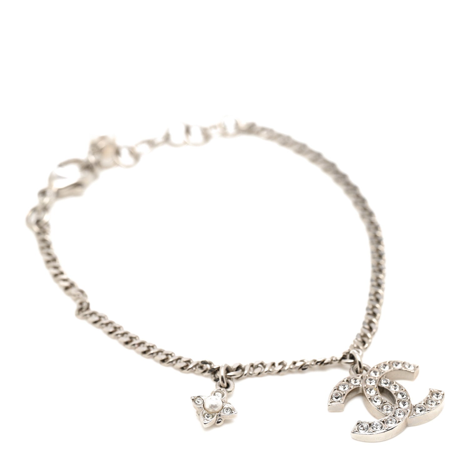 Chanel Crystal Pearl Flower CC Bracelet Silver 1 of 5
