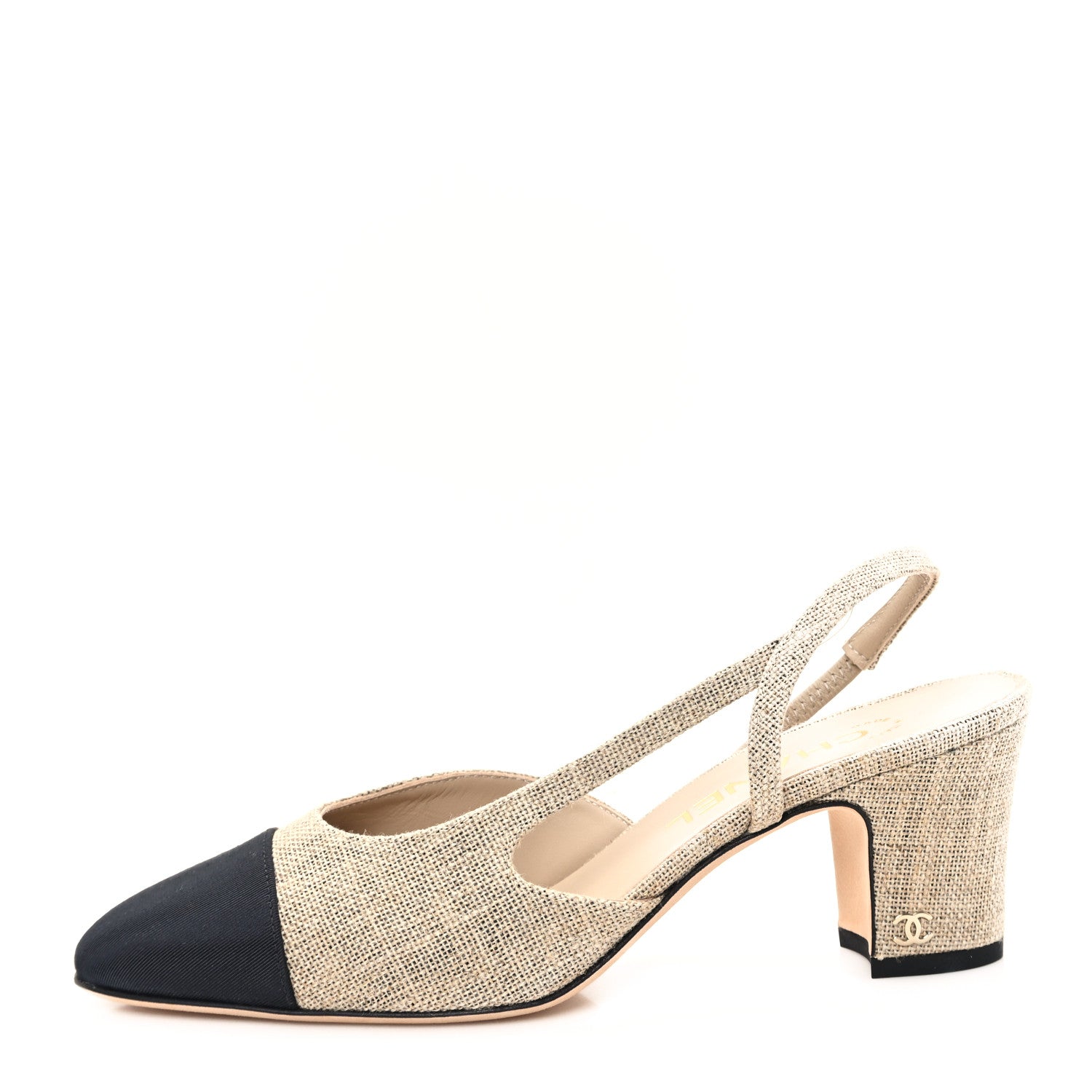 Chanel Fabric Grosgrain Cap Toe CC Slingback Pumps 37 Dark Beige Black 1 of 8