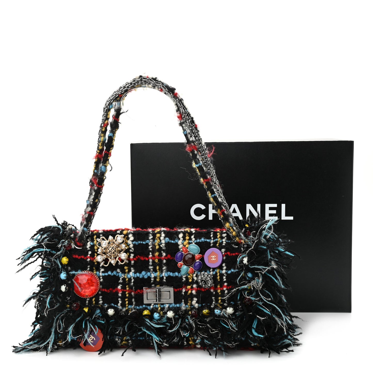 Tweed Quilted Embellished Reissue Shoulder Bag Black Multicolor