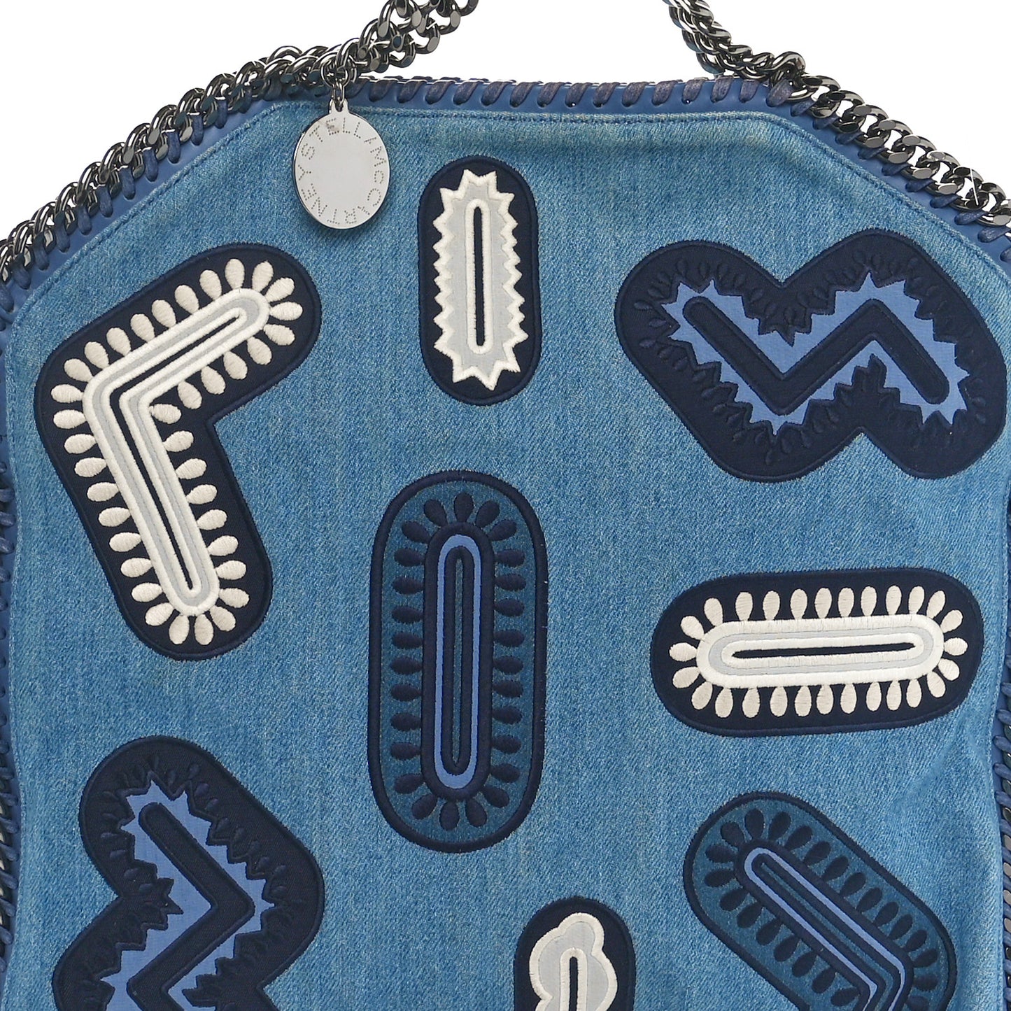 Eco Denim Embroidered Zigarette Falabella Fold Over Tote Blue