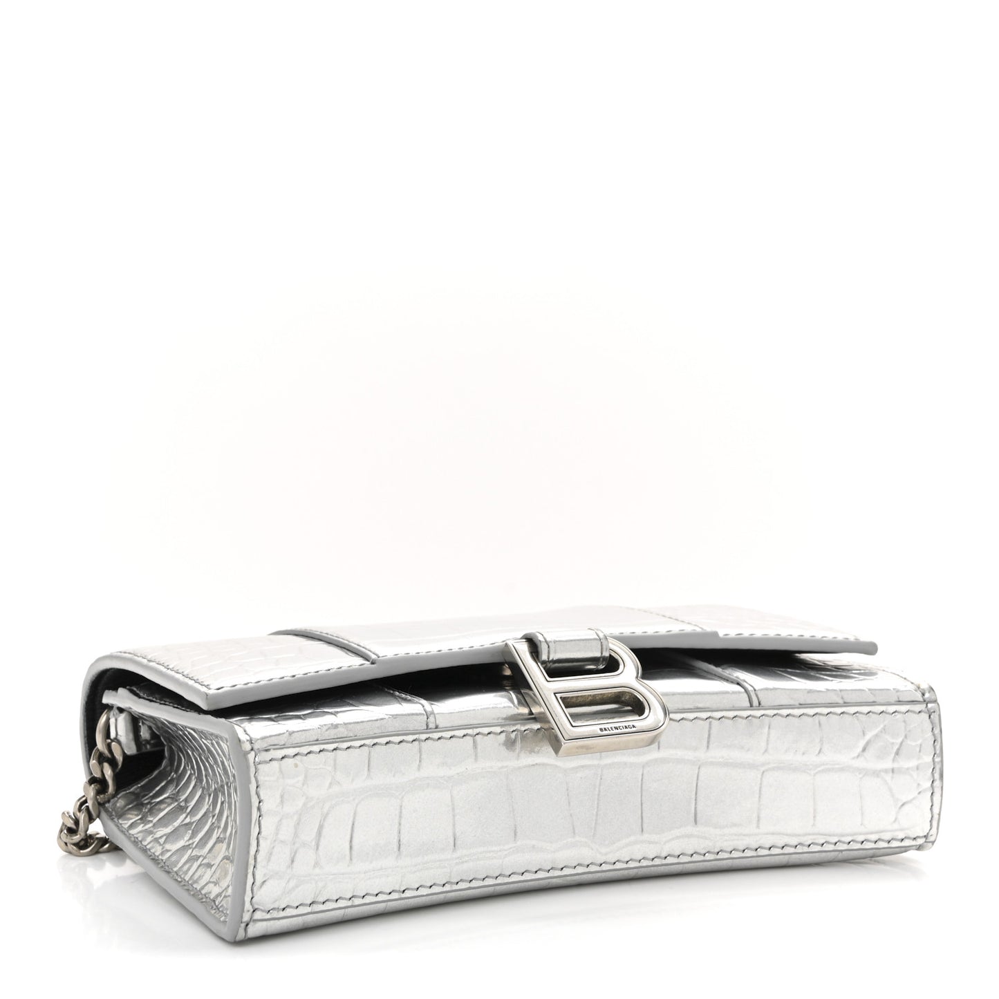 Metallic Calfskin Crocodile Embossed Hourglass Chain Bag Silver