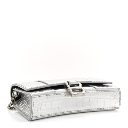 Balenciaga Metallic Calfskin Crocodile Embossed Hourglass Chain Bag Silver 4 of 11
