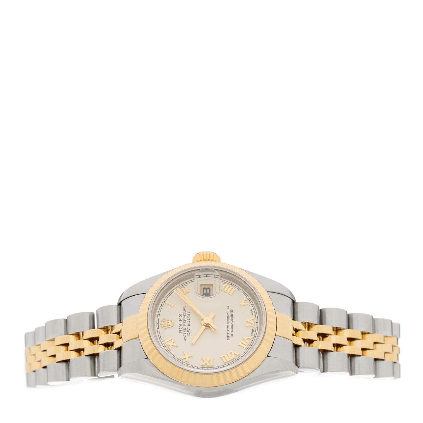 Stainless Steel 18K Yellow Gold 26mm Oyster Perpetual Datejust Watch White Pyramid Roman 79173