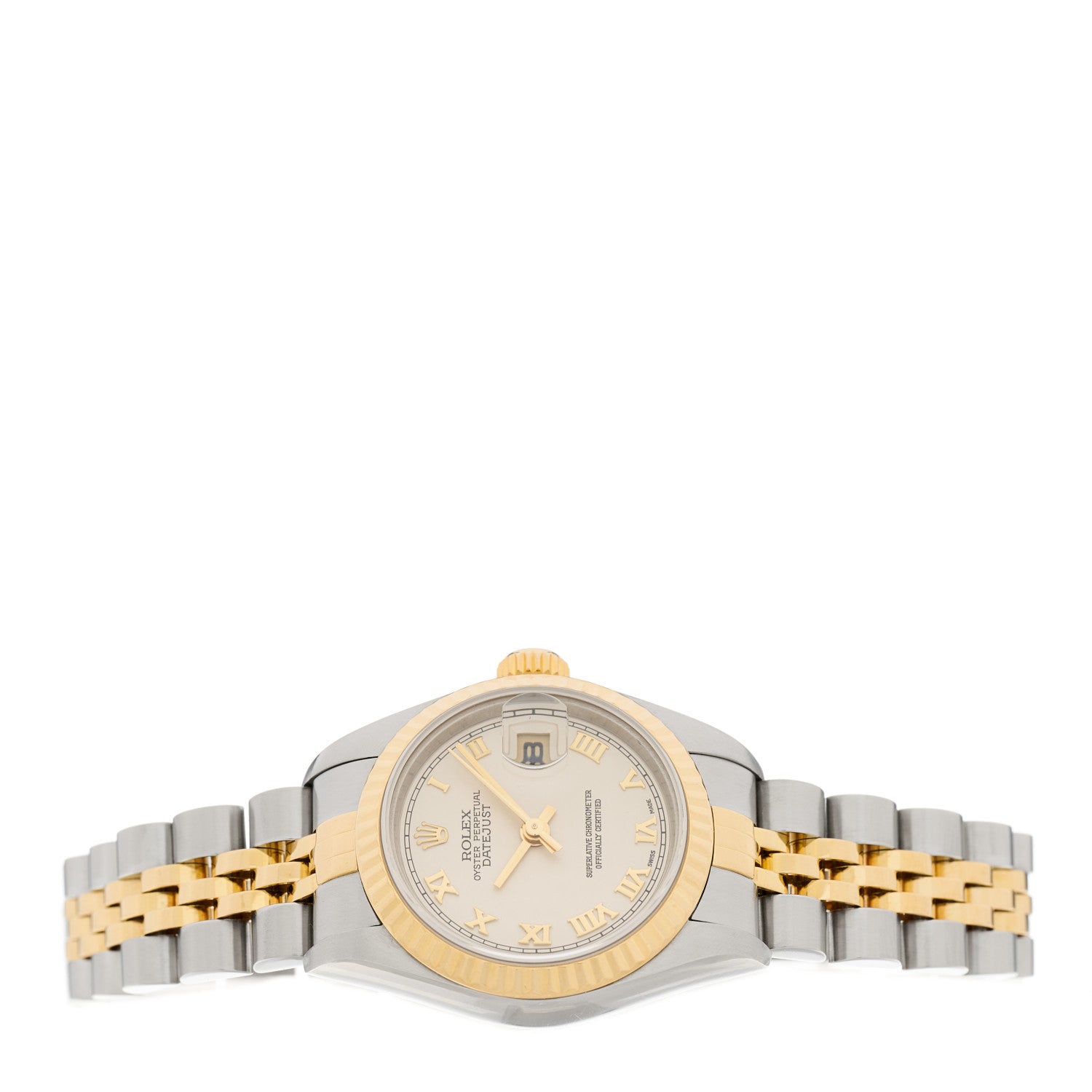 Rolex Stainless Steel 18K Yellow Gold 26mm Oyster Perpetual Datejust Watch White Pyramid Roman 79173 2 of 4