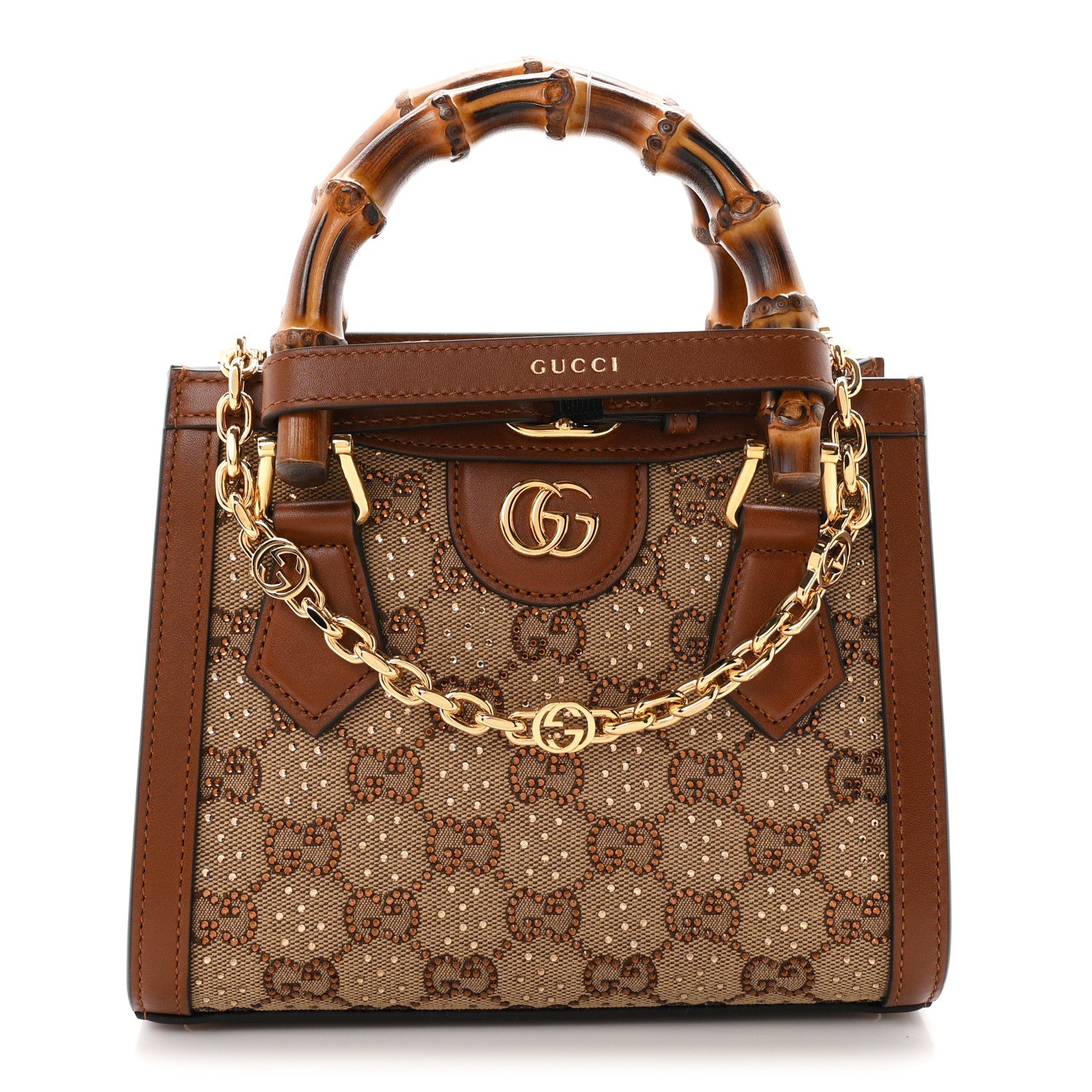 Gucci New Canvas Charisma Calfskin Crystal GG Monogram Mini Diana Tote Bag Camel Ebony 1 of 11