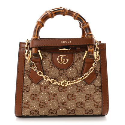 Gucci New Canvas Charisma Calfskin Crystal GG Monogram Mini Diana Tote Bag Camel Ebony 1 of 11