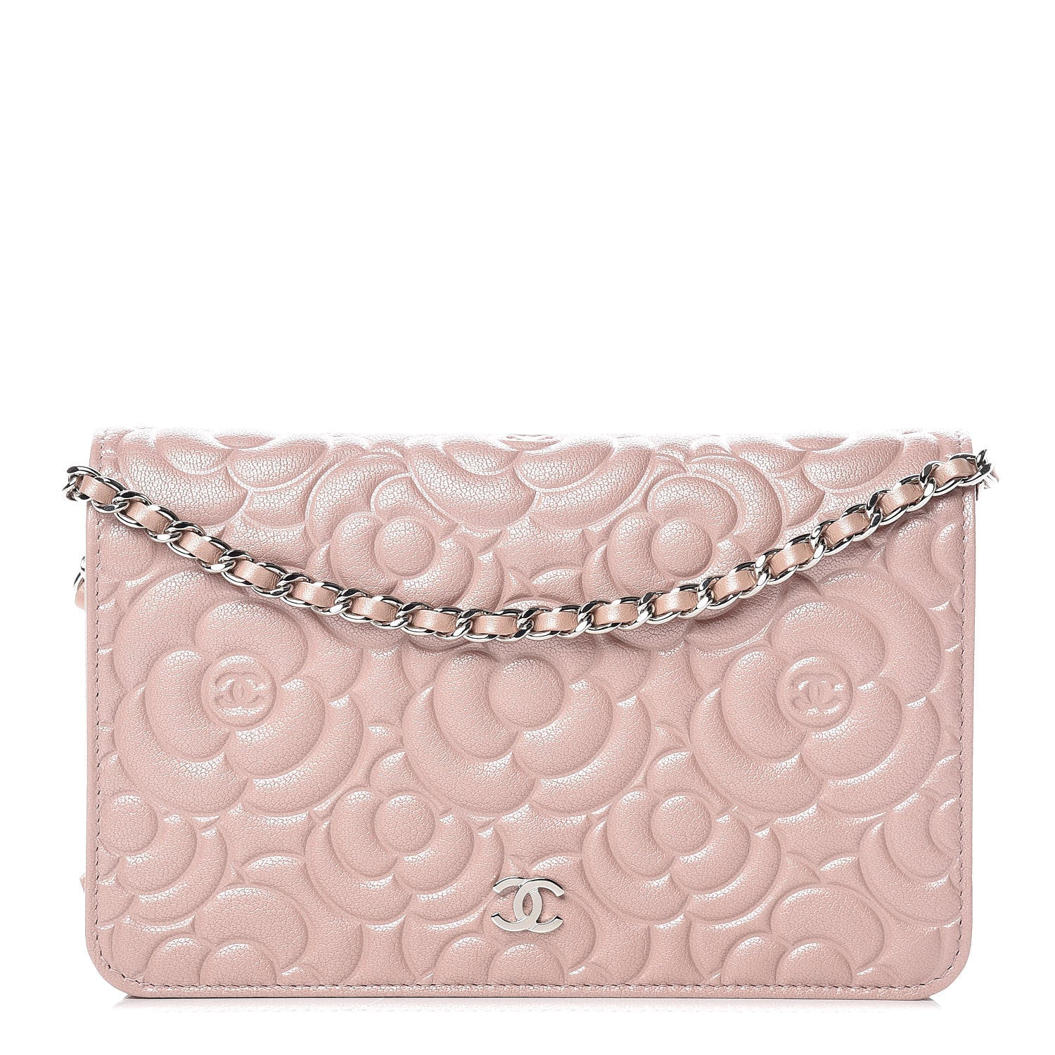Chanel Goatskin Camellia Embossed Wallet On Chain WOC Light Pink 1 of 10