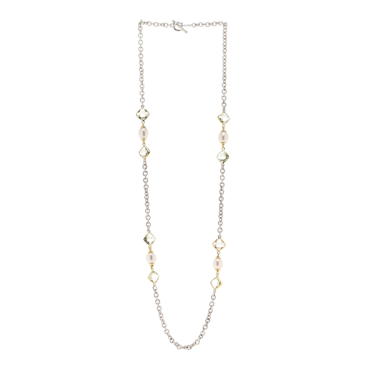 Sterling Silver 18K Yellow Gold Prasiolite Pearl Figaro Chain Necklace