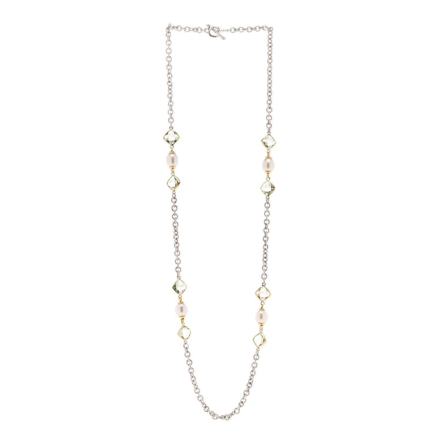 David Yurman Sterling Silver 18K Yellow Gold Prasiolite Pearl Figaro Chain Necklace 3 of 4