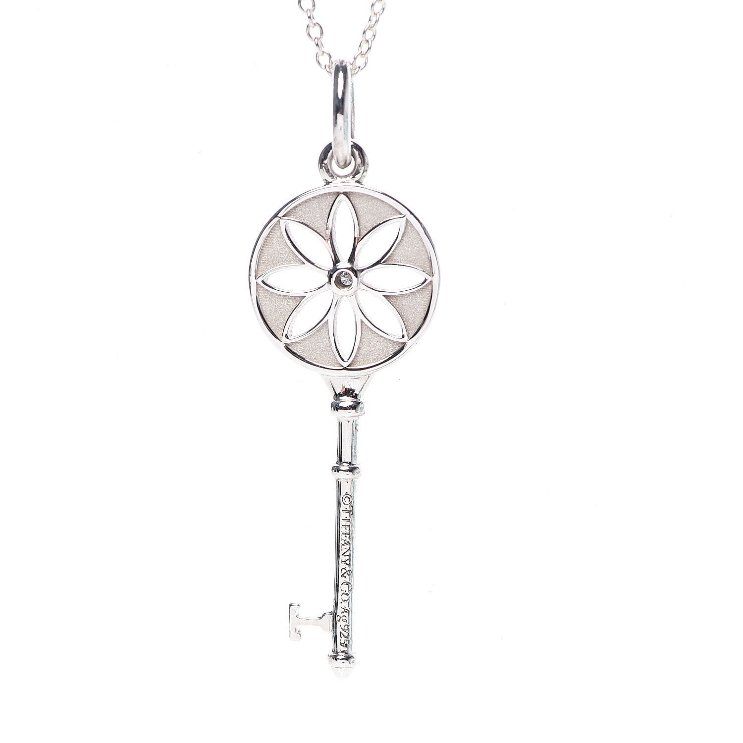 Tiffany Sterling Silver Diamond Small Daisy Key Pendant Necklace 4 of 7