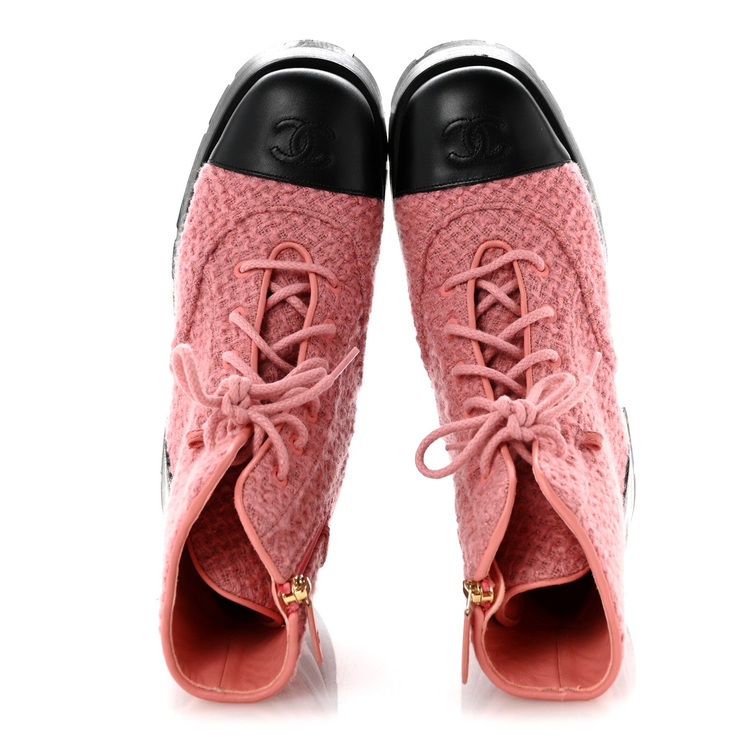 Chanel Wool Tweed Calfskin Chain Lace Up Combat Boots 38.5 Pink Black 2 of 11