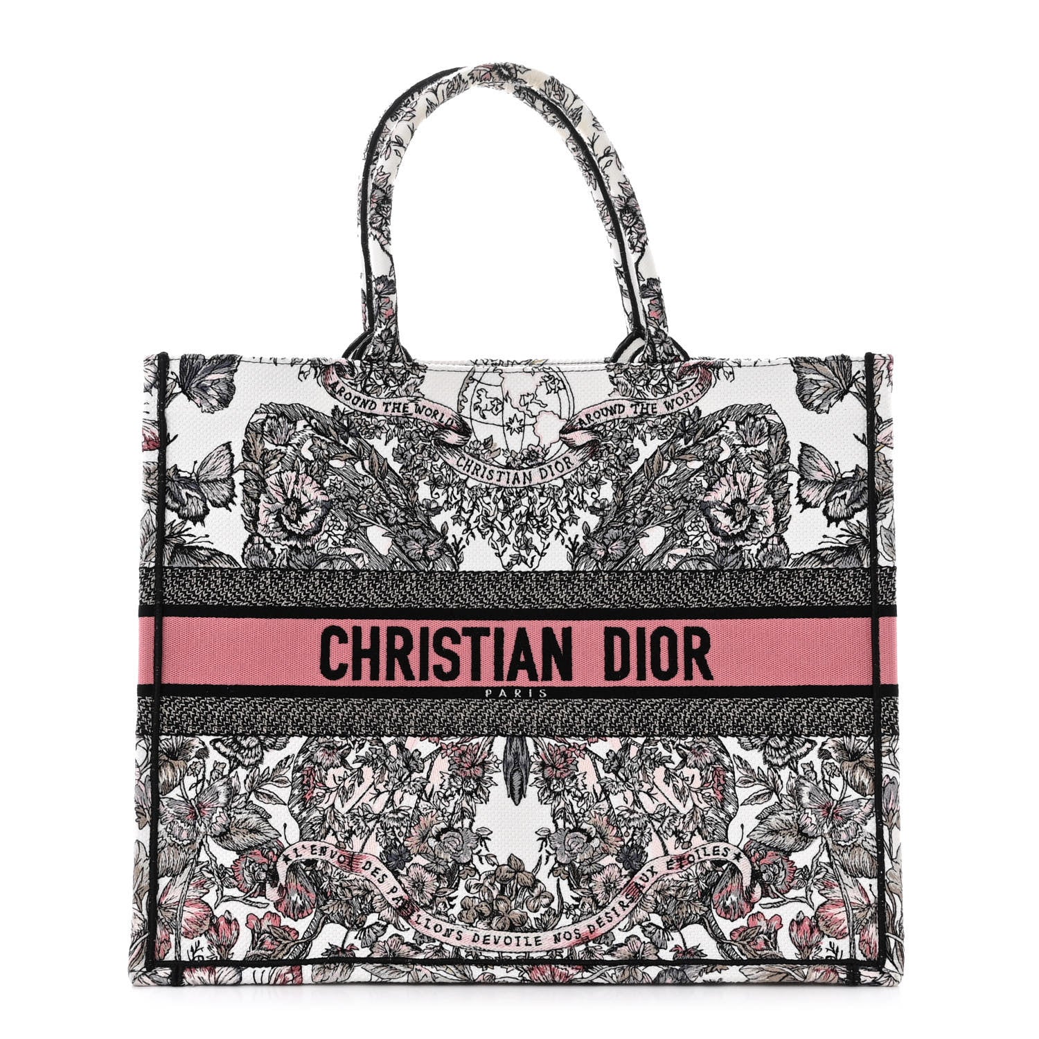 Christian Dior Canvas Embroidered Large Butterfly Around The World Book Tote White Pastel Pink 1 of 12