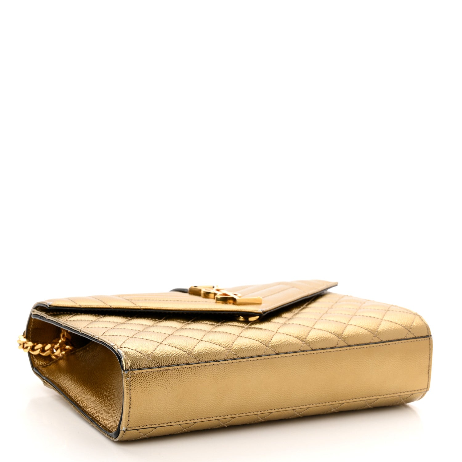 Saint Laurent Metallic Grain De Poudre Textured Mixed Matelasse Triquilt Medium Monogram Satchel Gold 4 of 9