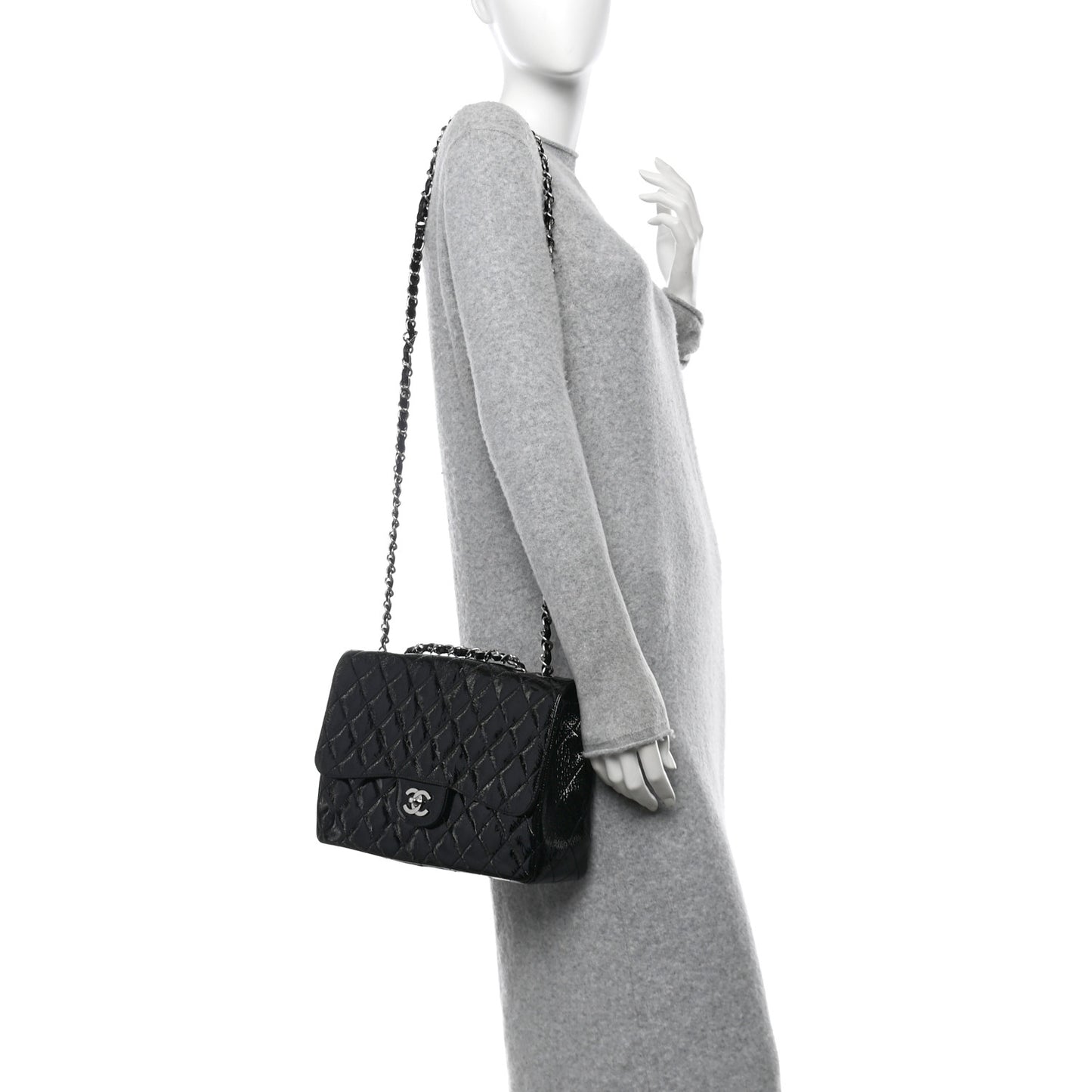 Distressed Patent Quilted Jumbo Single Flap Black