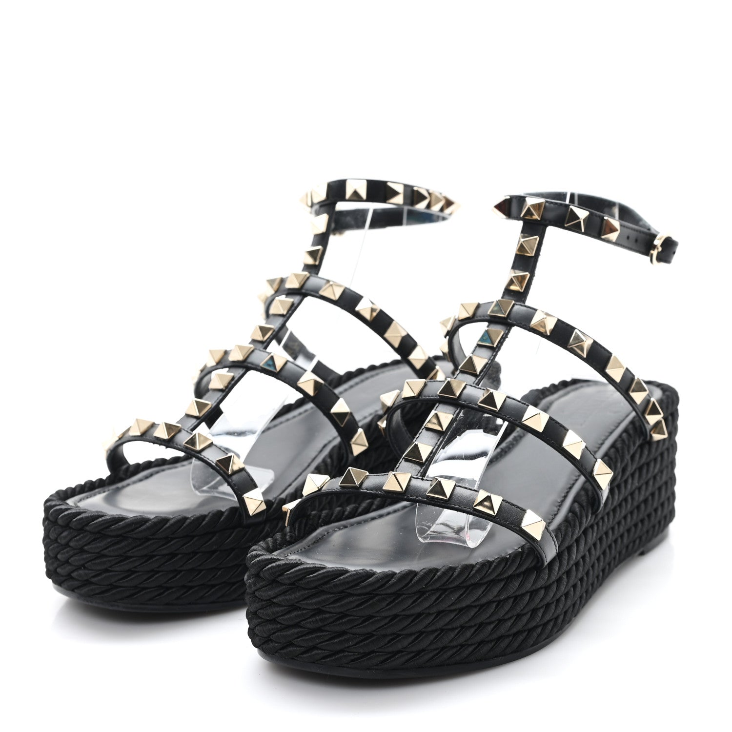 Valentino Garavani Calfskin Bedrock Rockstud Ankle Flat Sandals 36 Black 4 of 9