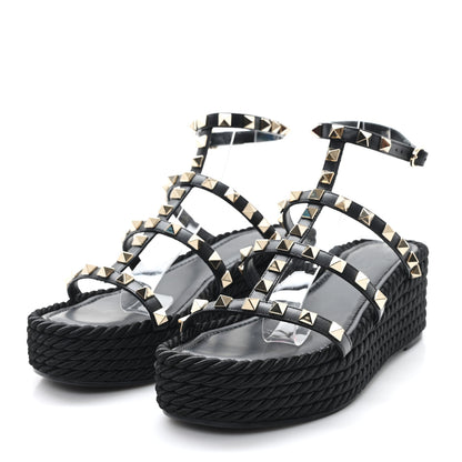 Valentino Garavani Calfskin Bedrock Rockstud Ankle Flat Sandals 36 Black 4 of 9