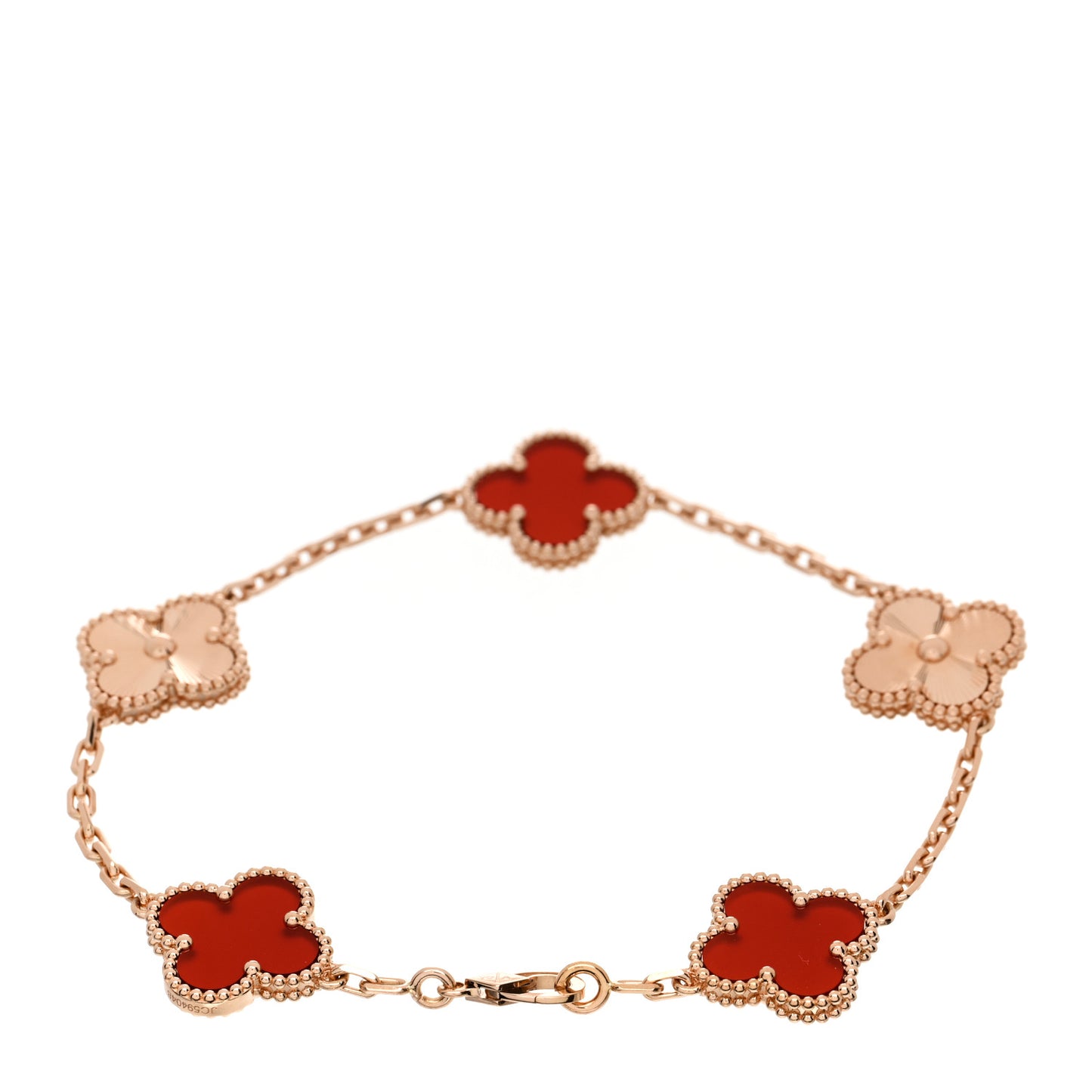 18K Rose Gold Carnelian 5 Motifs Guilloche Vintage Alhambra Bracelet