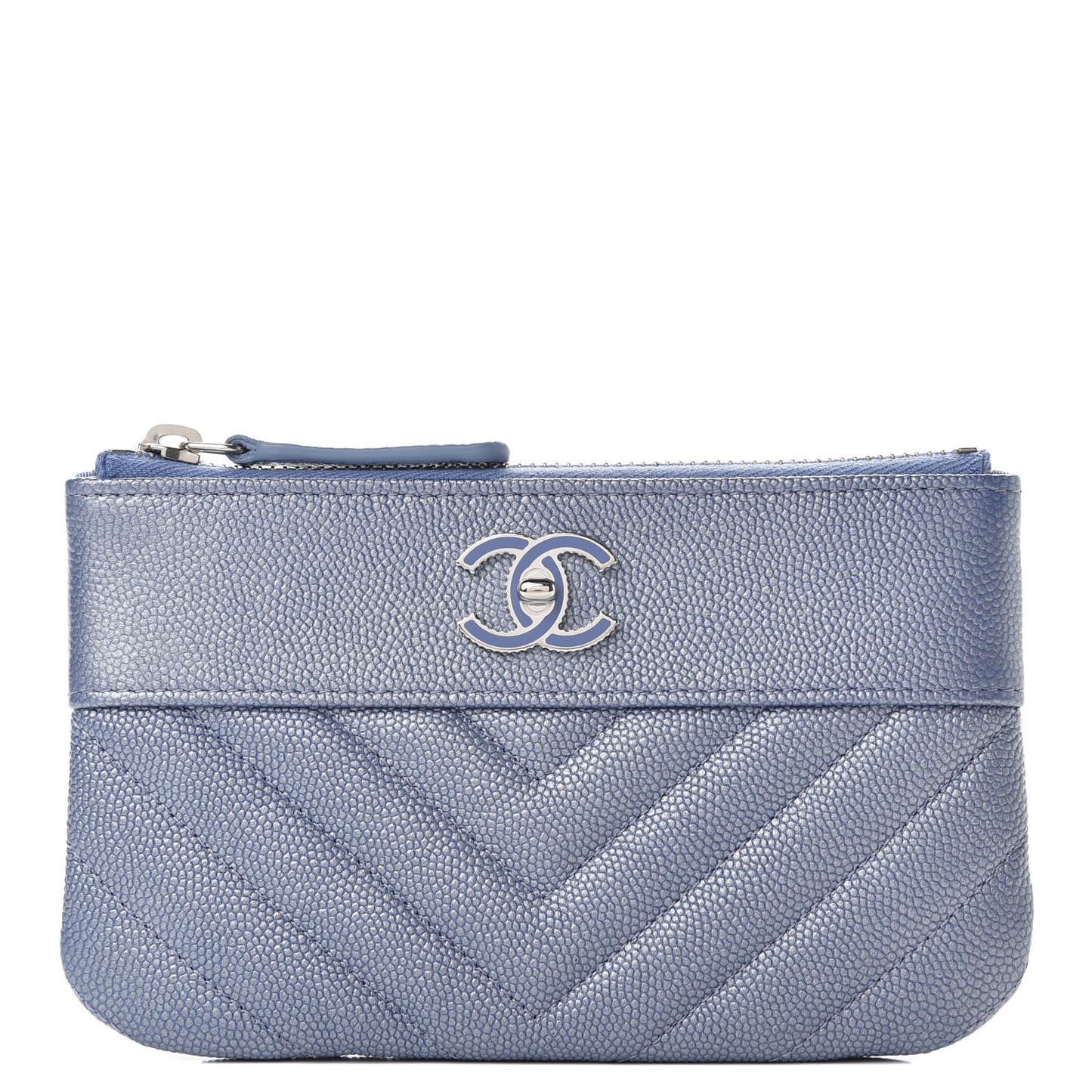 Metallic Caviar Chevron Quilted Small Vintage Mademoiselle Cosmetic Case Blue