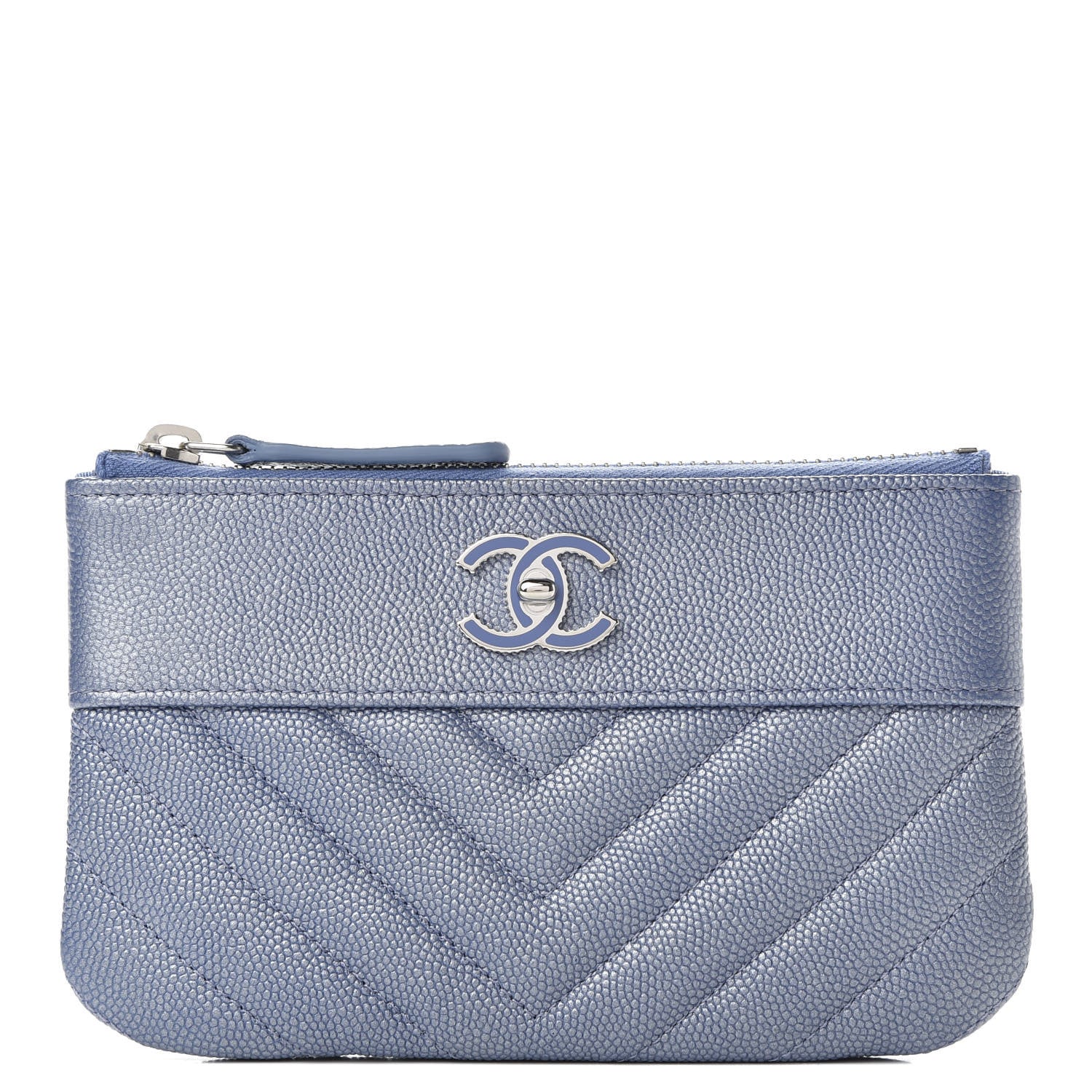 Chanel Metallic Caviar Chevron Quilted Small Vintage Mademoiselle Cosmetic Case Blue 1 of 8