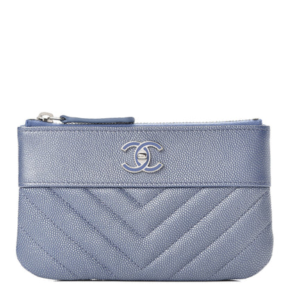 Chanel Metallic Caviar Chevron Quilted Small Vintage Mademoiselle Cosmetic Case Blue 1 of 8