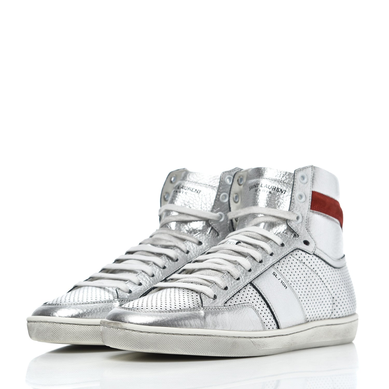 Saint Laurent Metallic Calfskin Perforated Court Classic SL/10H High Top Sneakers 41.5 Silver 3 of 17