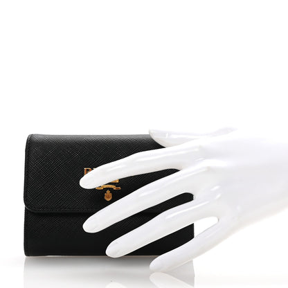 Prada Saffiano Metal Tri-Fold Wallet Black Hibiscus 2 of 7