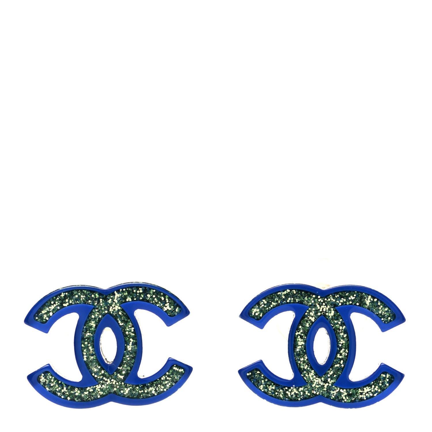 Chanel Glitter Resin CC Earrings Green Blue 1 of 4