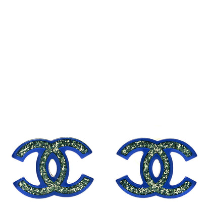 Chanel Glitter Resin CC Earrings Green Blue 1 of 4