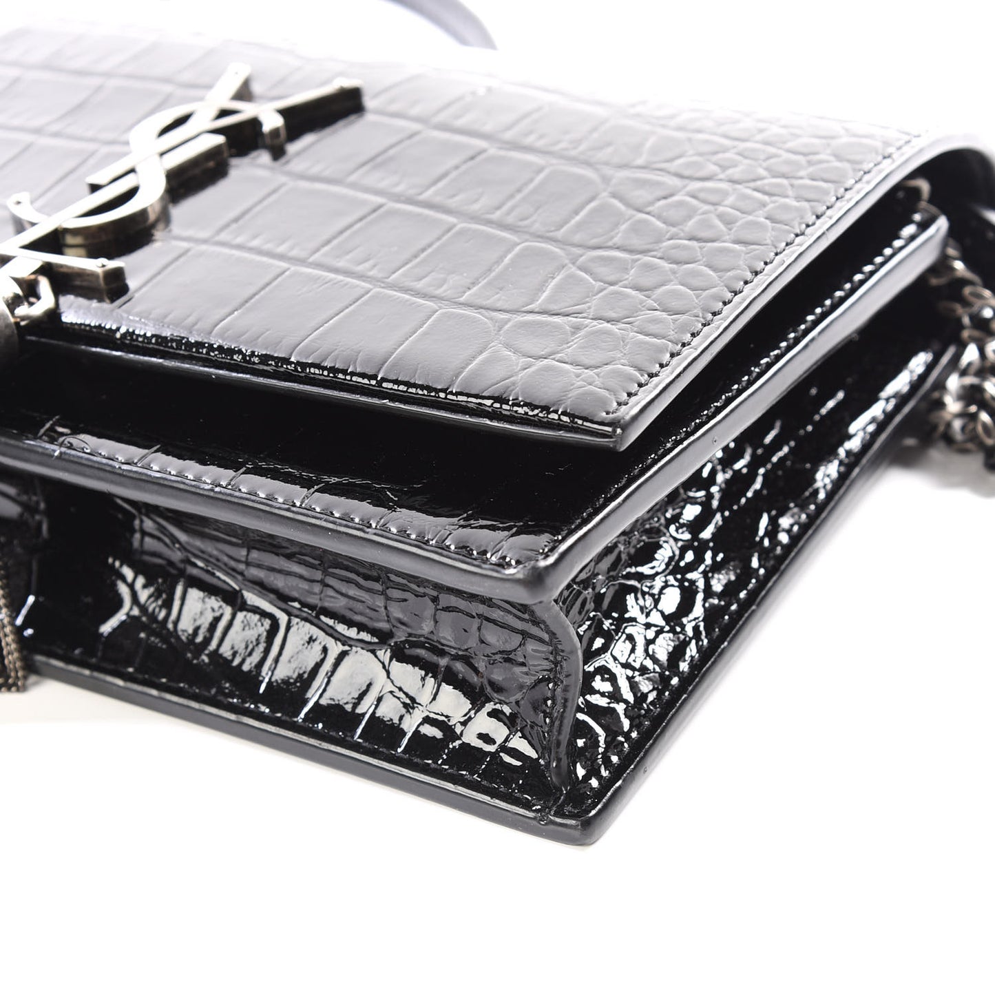 Calfskin Crocodile Embossed Kate Monogram Tassel Chain Wallet Black