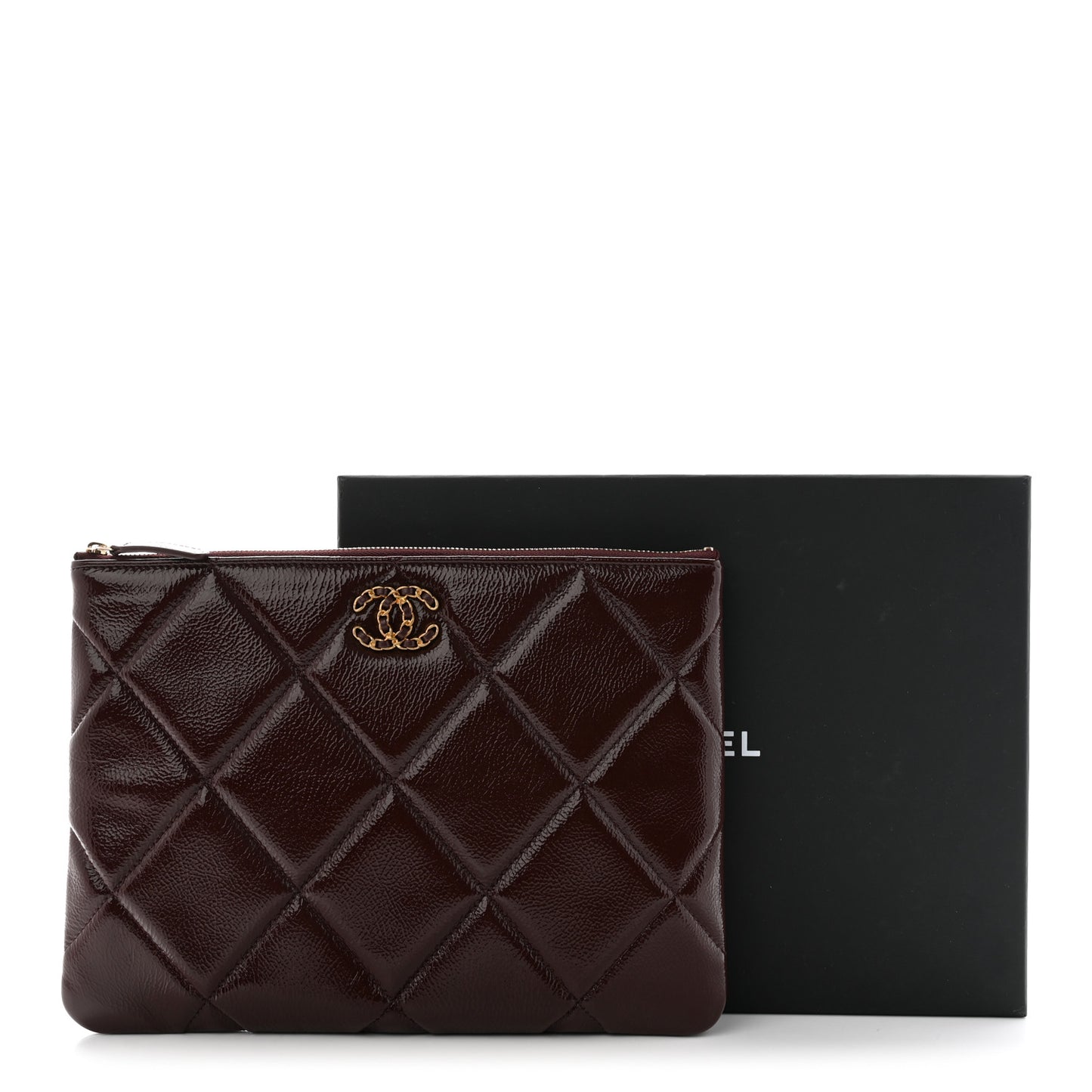 Shiny Crumpled Calfskin Large Chanel 19 Pouch Burgundy