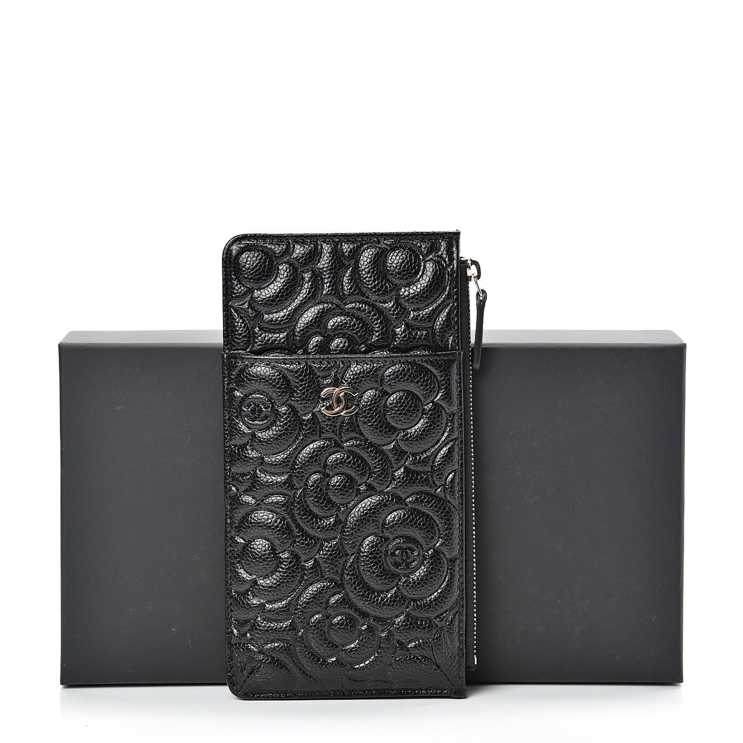 Caviar Camellia Embossed Classic Flat Wallet Pouch Black