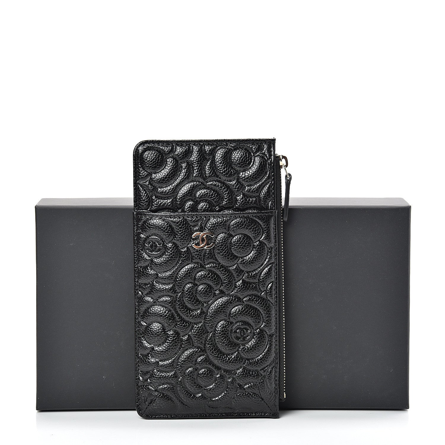 Chanel Caviar Camellia Embossed Classic Flat Wallet Pouch Black 7 of 7