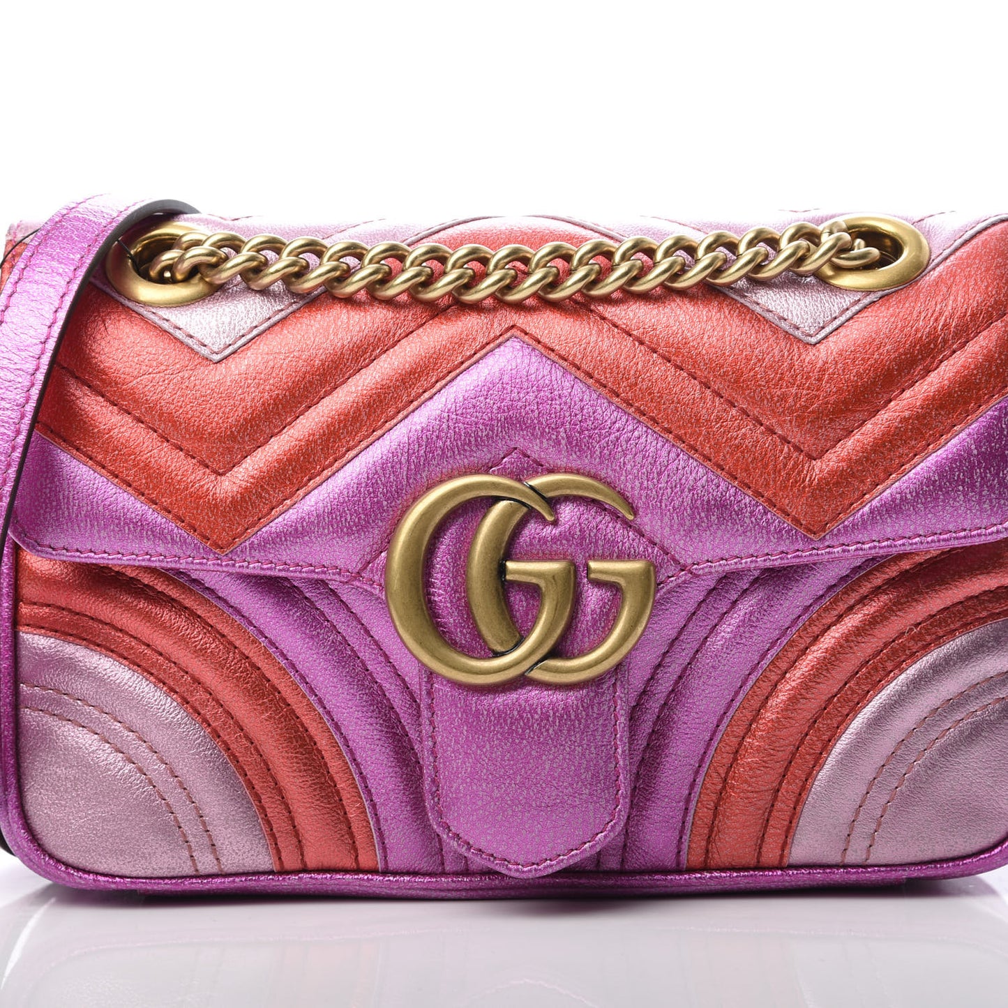 Metallic Calfskin Matelasse Mini GG Marmont Shoulder Bag Fuchsia